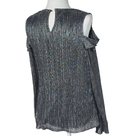 NEW Anne Klein Size S Metallic Black & Silver Cold-Shoulder Top Sleeve Ruffle - Picture 2 of 13